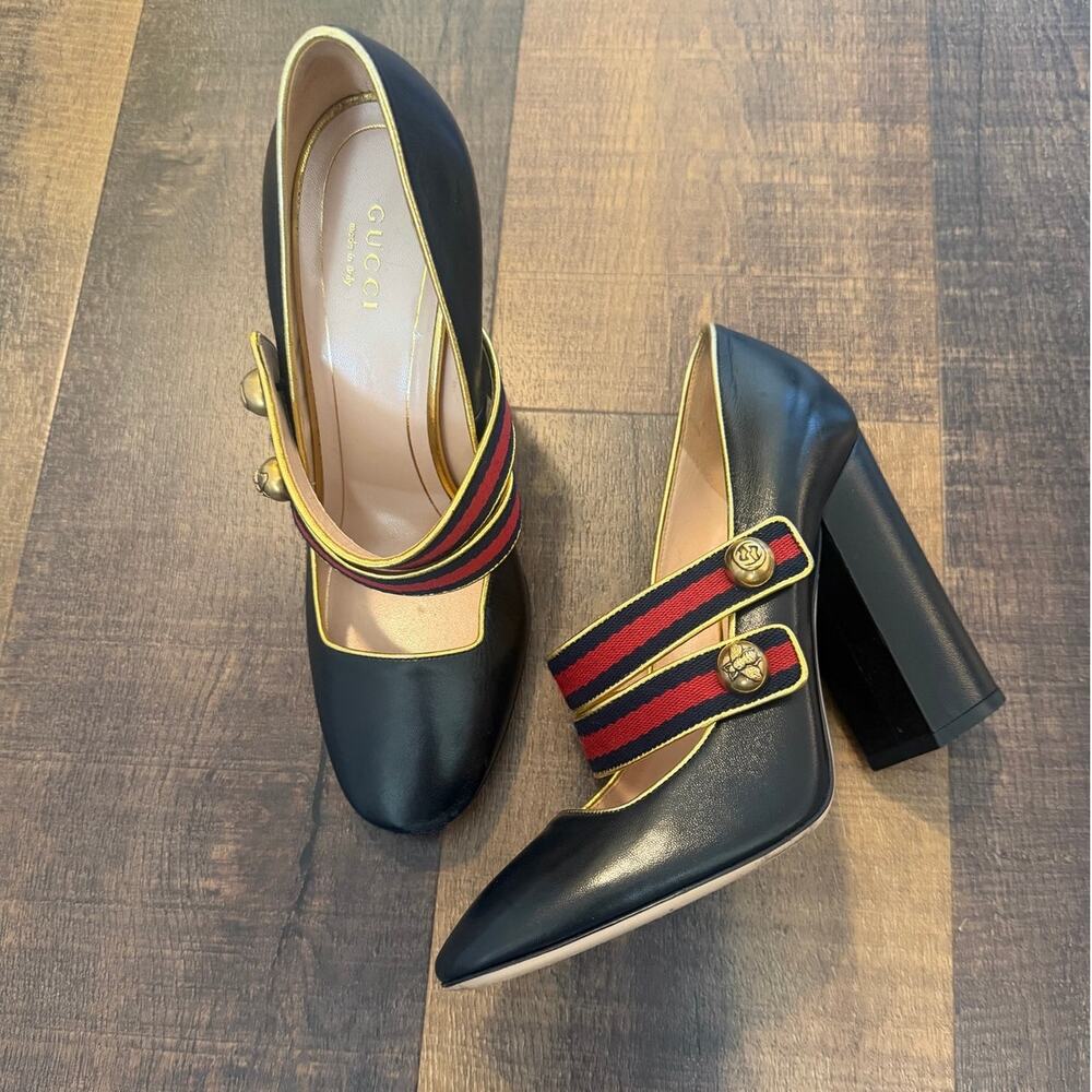 Gucci Sylvie Web Stripe Mary Jane Block Heel Pumps 38